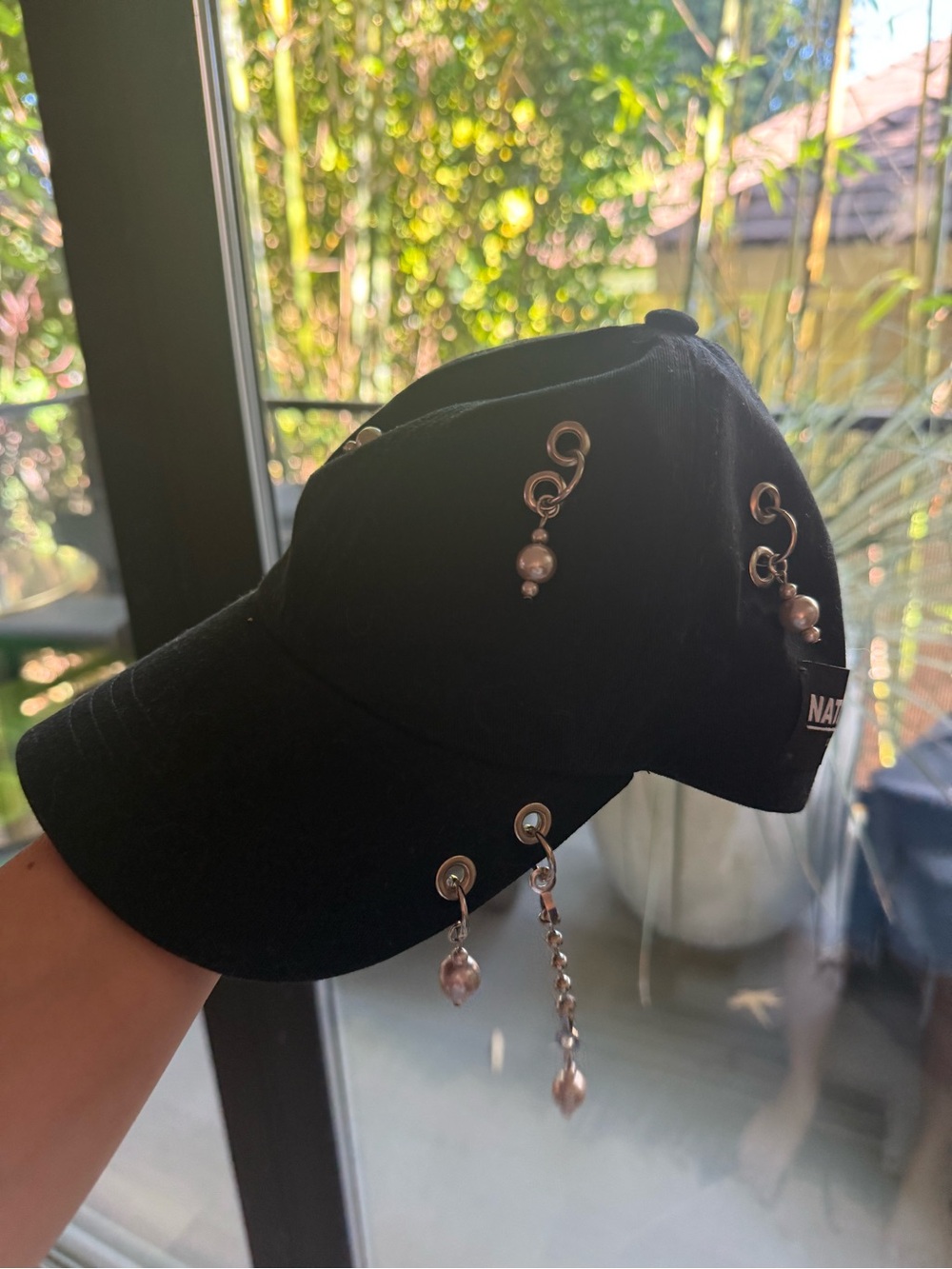 Black Designer Baseball Cap with Silver Pearl Charms